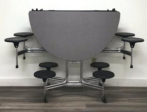 60in Round Cafeteria Lunch Table w/ 8 Stool Seat, Gray Top, Black Seat, Adult Size (RF)