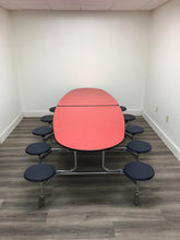 Load image into Gallery viewer, 10ft Cafeteria Lunch Table w/ 12 Stool Seat, Red Top, Navy Blue Seat, Oval, Adult Size (RF)
