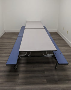 12ft Cafeteria Lunch Table w/ Foldable Bench Seat, Gray Top, Blue Foldable Bench, Elementary Size (RF)