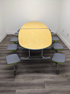 10ft Cafeteria Lunch Table w/ 12 Stool Seat, Yellow Top, Gray Top/Green Base Seat, Oval, Adult Size (RF)