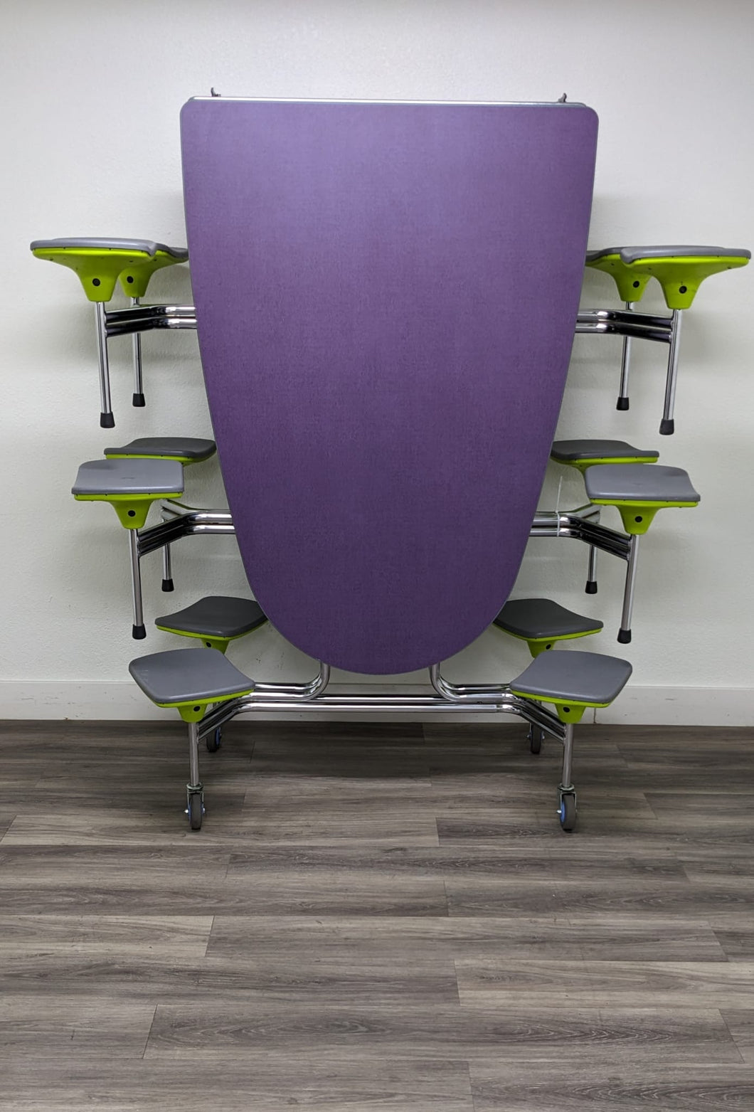 10ft Cafeteria Lunch Table w/ 12 Stool Seat, Purple Top, Gray Top/Green Base Seat, Oval, Adult Size (RF)