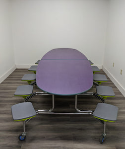 10ft Cafeteria Lunch Table w/ 12 Stool Seat, Purple Top, Gray Top/Green Base Seat, Oval, Adult Size (RF)