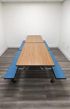 Load image into Gallery viewer, 12ft Cafeteria Lunch Table w/ Foldable Bench Seat, Wood Grain, Bell Blue Color Bench, Adult Size (RF) (Copy)
