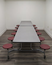 Load image into Gallery viewer, 12ft Cafeteria Lunch Table w/ Stool Seat, Gray Top, Burgundy Seat, Adult Size (RF)
