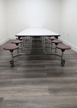 Load image into Gallery viewer, 12ft Cafeteria Lunch Table w/ Stool Seat, Gray Top, Burgundy Seat, Adult Size (RF)
