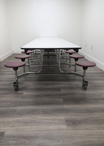 12ft Cafeteria Lunch Table w/ Stool Seat, Gray Top, Burgundy Seat, Adult Size (RF)