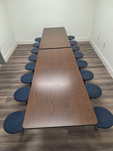 12ft Cafeteria Lunch Table w/ Stool Seat, Walnut Top, Navy Blue Seat, Black Frame, Elementary Size (RF)