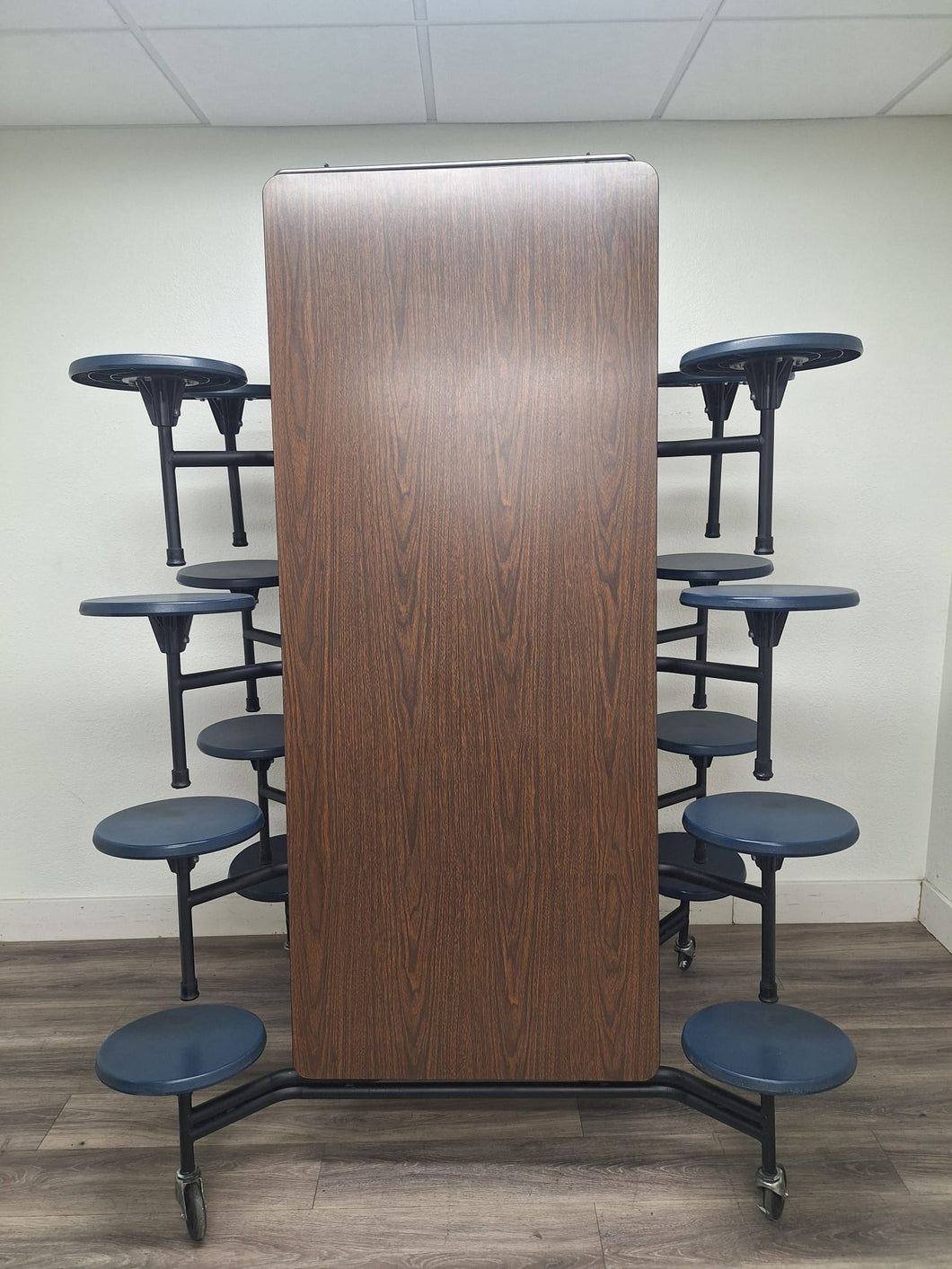 12ft Cafeteria Lunch Table w/ Stool Seat, Walnut Top, Navy Blue Seat, Black Frame, Elementary Size (RF)