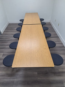 12ft Cafeteria Lunch Table w/ Stool Seat, Light Oak Top, Navy Blue Seat, Adult Size (RF)