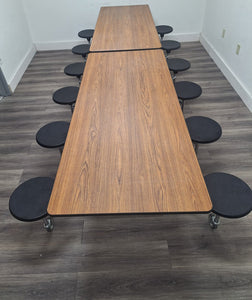 12ft Cafeteria Lunch Table w/ Stool Seat, Medium Oak Top, Black Seat, Adult Size (RF)