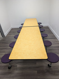 12ft Cafeteria Lunch Table w/ Stool Seat, Woolamai Brush Yellow Top, Purple Seat, Adults Size (RF)