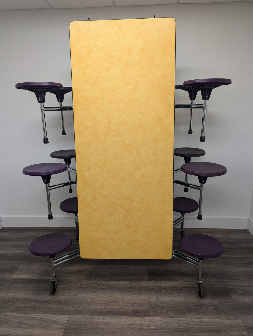 12ft Cafeteria Lunch Table w/ Stool Seat, Woolamai Brush Yellow Top, Purple Seat, Adults Size (RF)