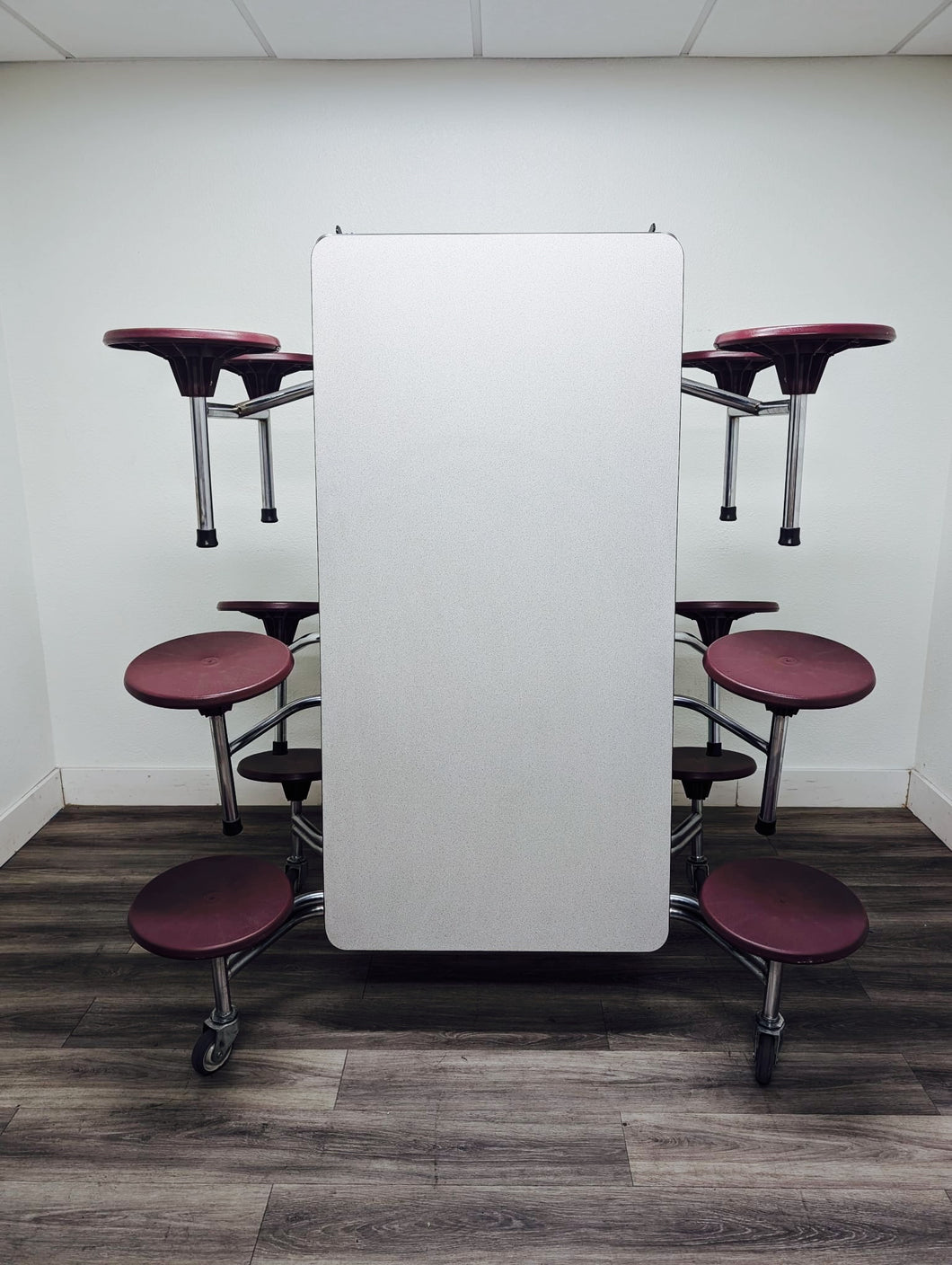 10ft Cafeteria Lunch Table w/ Stool Seat, Gray Top, Burgundy Seat, Adult Size (RF)