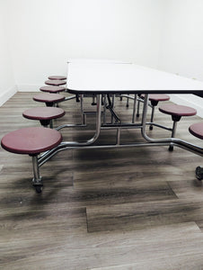 10ft Cafeteria Lunch Table w/ Stool Seat, Gray Top, Burgundy Seat, Adult Size (RF)