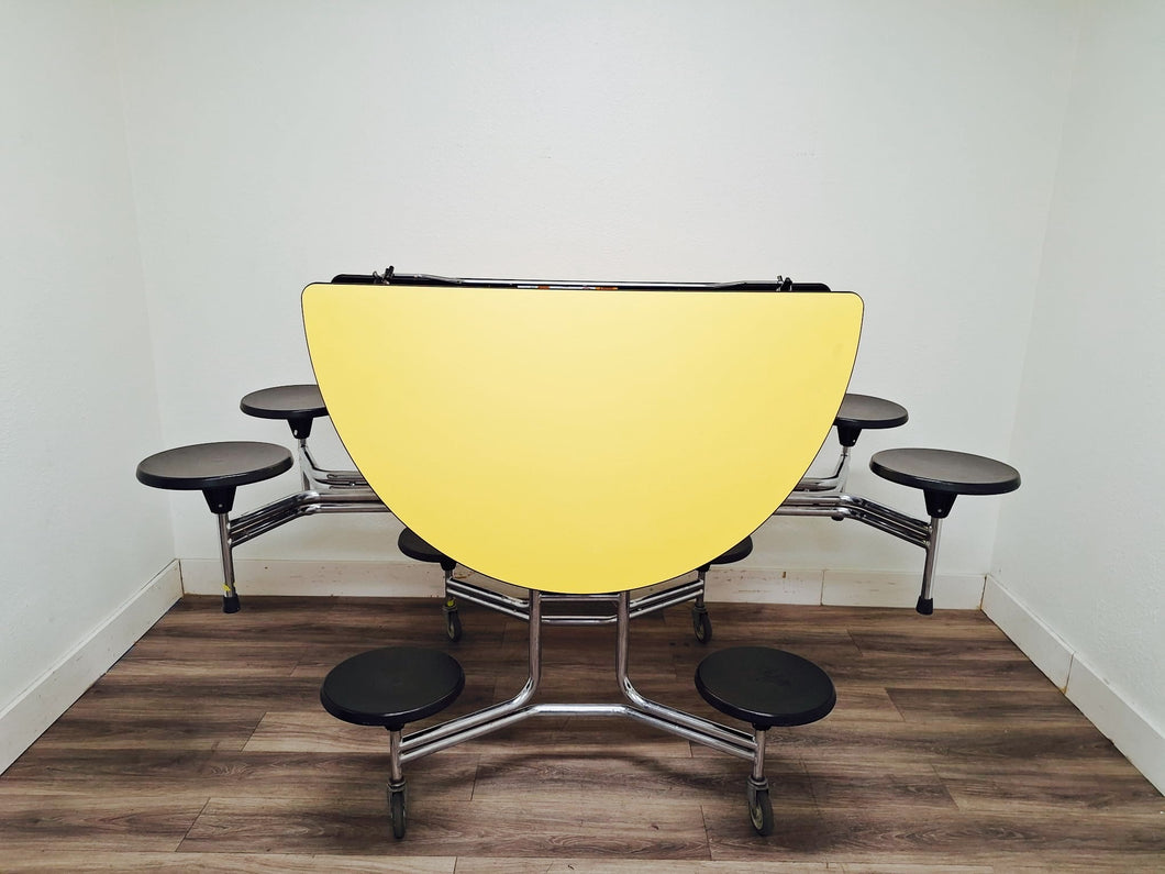 60in Round Cafeteria Lunch Table w/ 8 Stool Seat, Yellow Top, Black Seat, Adult Size (RF)