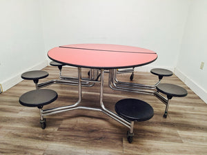 60in Round Cafeteria Lunch Table w/ 8 Stool Seat, Red Top, Black Seat, Adult Size (RF)