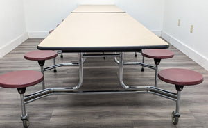 12ft Cafeteria Lunch Table w/ Stool Seat, Beige Top, Burgundy Seat, Adult Size (RF)
