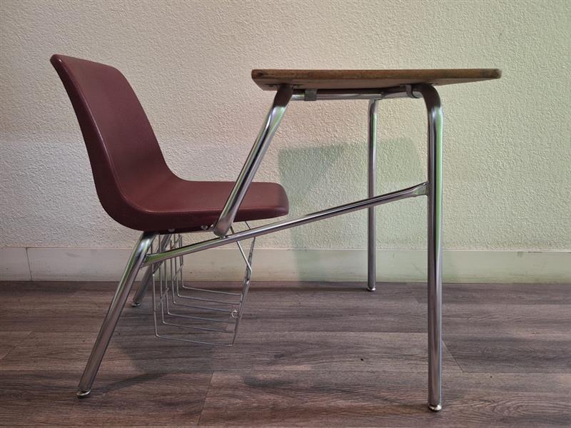 American Desk Combo Desk, Burgundy Seat, NEW Replacement Wood Grain Top, Basket (RF)