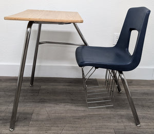 Artco Bell Combo Desk, Navy Blue Seat, w/ Basket, Wood Grain Top (RF)