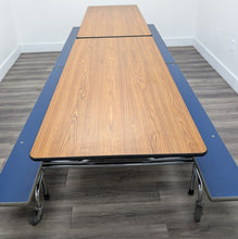 Load image into Gallery viewer, 12ft Cafeteria Lunch Table w/ Foldable Woodgrain Top, Blue Bench Seat, Adult Size (RF)
