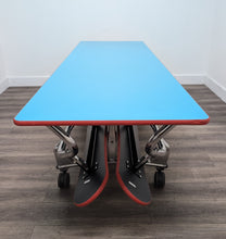 Load image into Gallery viewer, 92 inch CAFETERIA LUNCH TABLE W/ FOLDABLE BENCH SEAT, LIGHT BLUE TOP, WOOD GRAIN BENCH, ADULT SIZE (RF)
