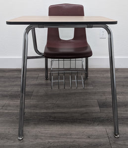 Artco Bell Combo Desk, Burgundy Seat w/ Ginger Wood Grain Top, Basket (RF)