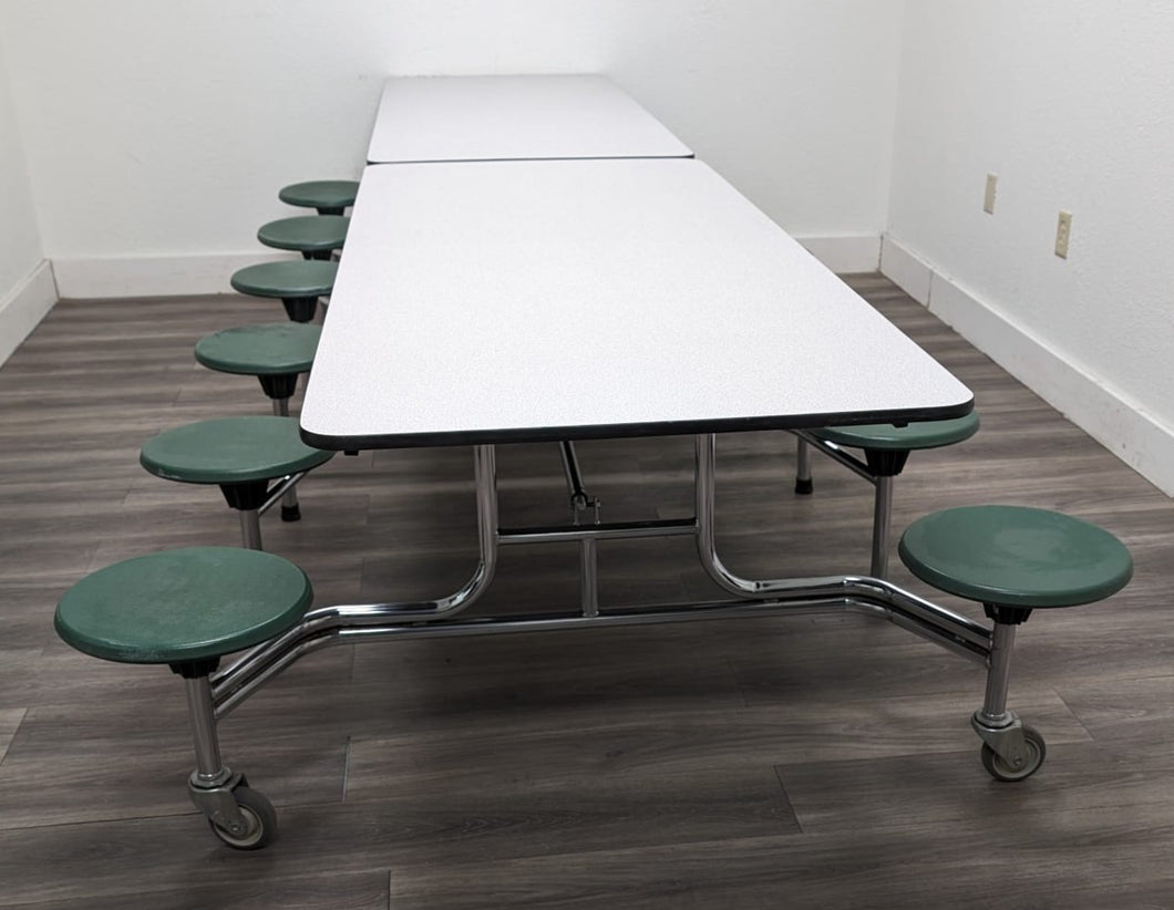 12ft Cafeteria Lunch Table w/ Stool Seat, Gray Top, Green Seat, Elementary Size (RF)