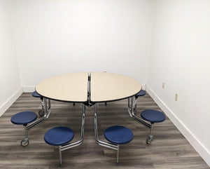 60in Round Cafeteria Lunch Table w/ 8 Stool Seat, Beige Top, Blue Seat, Adult Size (RF)