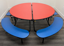 Load image into Gallery viewer, 60in Round Cafeteria Lunch Table w/ Bench Seat, Red Top, Blue Seat, Adult Size (RF)
