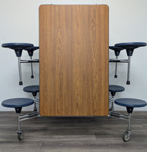 Load image into Gallery viewer, Space Saver 8ft Cafeteria Lunch Table w/ 8 Stool Seat, Oak Top, Navy Blue Seat, Adult Size (RF)
