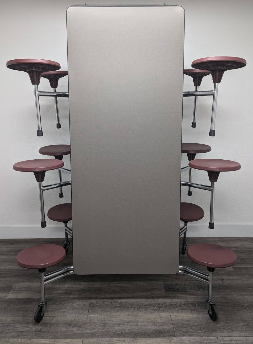 12ft Cafeteria Lunch Table w/ 12 Stool Seat, Dark Sage Top, Burgundy Seat, Elementary Size (RF)