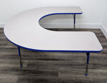 Load image into Gallery viewer, 60" x 66" Horse Shoe Activity Table, Adjustable Legs, Gray Top, Blue Edge (RF)

