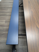 Load image into Gallery viewer, 12ft Cafeteria Lunch Table w/ Bench Seat, Walnut w/ Blue Benches, Black Frame, Palmer Hamilton Brand, Dual Table Size Adjustable (RF)
