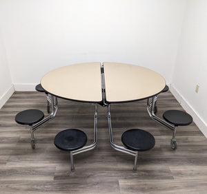 60in Round Cafeteria Lunch Table w/ 8 Stool Seat, Beige Top, Black Seat, Adult Size (RF)