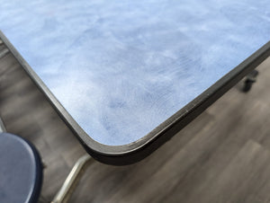 12ft Cafeteria Lunch Table w/ 16 Stool SLED Seat, Blue Woolamai Top, Blue Seat, Elementary Size (RF)