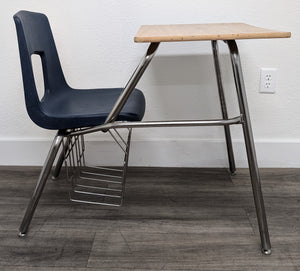 Artco Bell Combo Desk, Navy Blue Seat, w/ Basket, Wood Grain Top (RF)