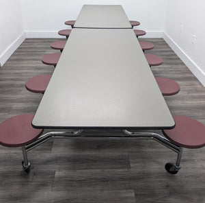 12ft Cafeteria Lunch Table w/ 12 Stool Seat, Dark Sage Top, Burgundy Seat, Elementary Size (RF)