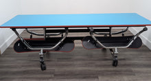 Load image into Gallery viewer, 92 inch CAFETERIA LUNCH TABLE W/ FOLDABLE BENCH SEAT, LIGHT BLUE TOP, WOOD GRAIN BENCH, ADULT SIZE (RF)
