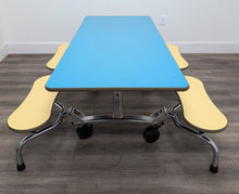 Load image into Gallery viewer, 60 inch CAFETERIA LUNCH TABLE W/ FOLDABLE BENCH SEAT, LIGHT BLUE TOP, YELLOW BENCH, PRE-SCHOOL SIZE (RF)
