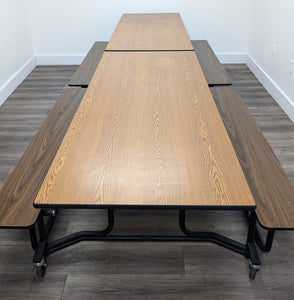 12ft Cafeteria Lunch Table w/ Wood Grain Bench Seat, Wood Grain Top, Darker Wood Grain Seat, Adult Size (RF)