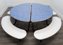 Load image into Gallery viewer, 60in Round Cafeteria Lunch Table w/ Bench Seat, Blue Top,White Seat, Elementary Size (RF)

