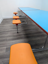 Load image into Gallery viewer, 12ft Cafeteria Lunch Table w/ 8 Stool Seat, Handicap Accessible, Light Blue Top, Orange Seat, Adult Size (RF)
