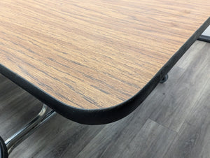 12ft Cafeteria Lunch Table w/ 12 Stool Seat, Dark Oak Top, Black Seat, Adult Size (RF)