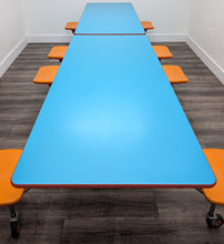 Load image into Gallery viewer, 12ft Cafeteria Lunch Table w/ 8 Stool Seat, Handicap Accessible, Light Blue Top, Orange Seat, Adult Size (RF)
