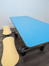 Load image into Gallery viewer, 60 inch CAFETERIA LUNCH TABLE W/ FOLDABLE BENCH SEAT, LIGHT BLUE TOP, YELLOW BENCH, PRE-SCHOOL SIZE (RF)

