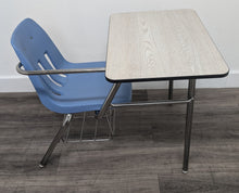 Load image into Gallery viewer, Virco 9400BR Combo Desk, Light Blue Seat, Gray Wood Grain Laminate Top, With Basket (RF)
