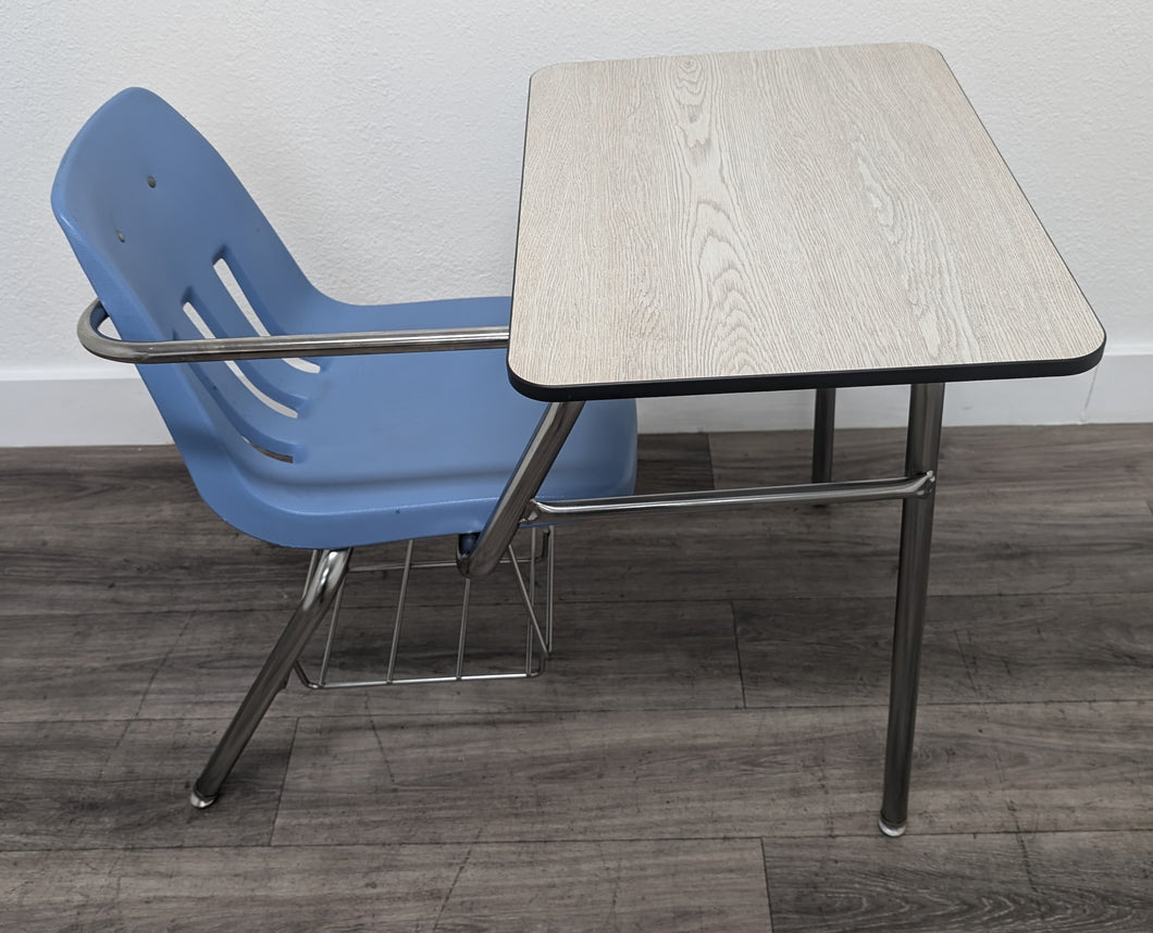 Virco 9400BR Combo Desk, Light Blue Seat, Gray Wood Grain Laminate Top, With Basket (RF)