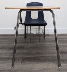 Artco Bell Combo Desk, Navy Blue Seat, w/ Basket, Wood Grain Top (RF)
