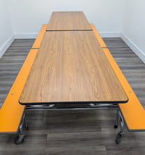 Load image into Gallery viewer, 12ft Cafeteria Lunch Table w/ Foldable Woodgrain Top, Orange Bench Seat, Adult Size (RF)
