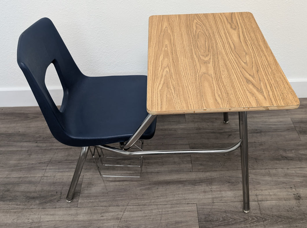 Artco Bell Combo Desk, Navy Blue Seat, w/ Basket, Wood Grain Top (RF)